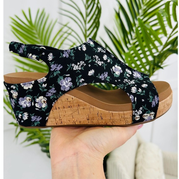 Corkys Carley Womens Black Floral Wedge Sandals Slingback Size 10 NEW - Picture 5 of 12